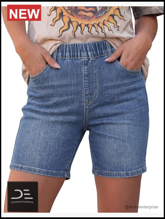 Pants - Women's Mid Rise Elastic Waist Pull On Denim Shorts 7" Inseam